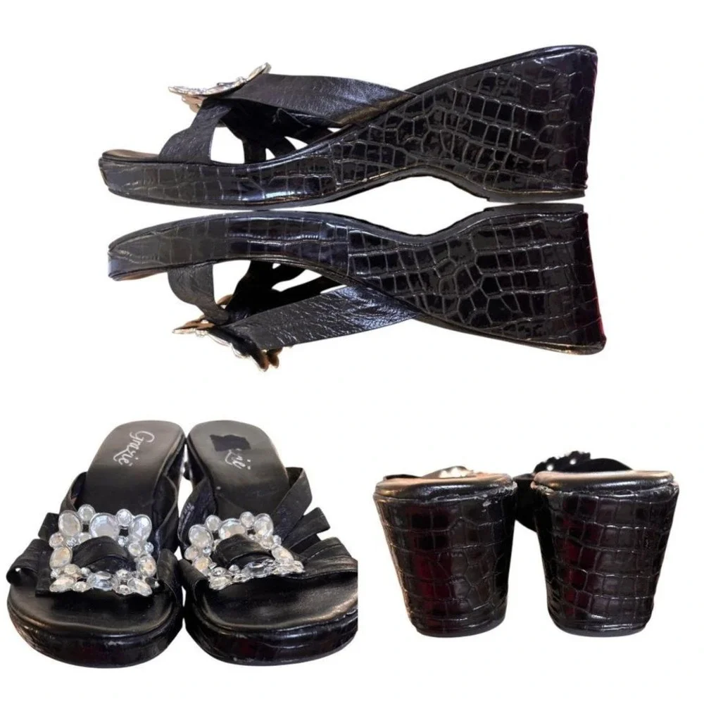 90's y2k vintage black leather‎ croc jeweled sandals size 8.5